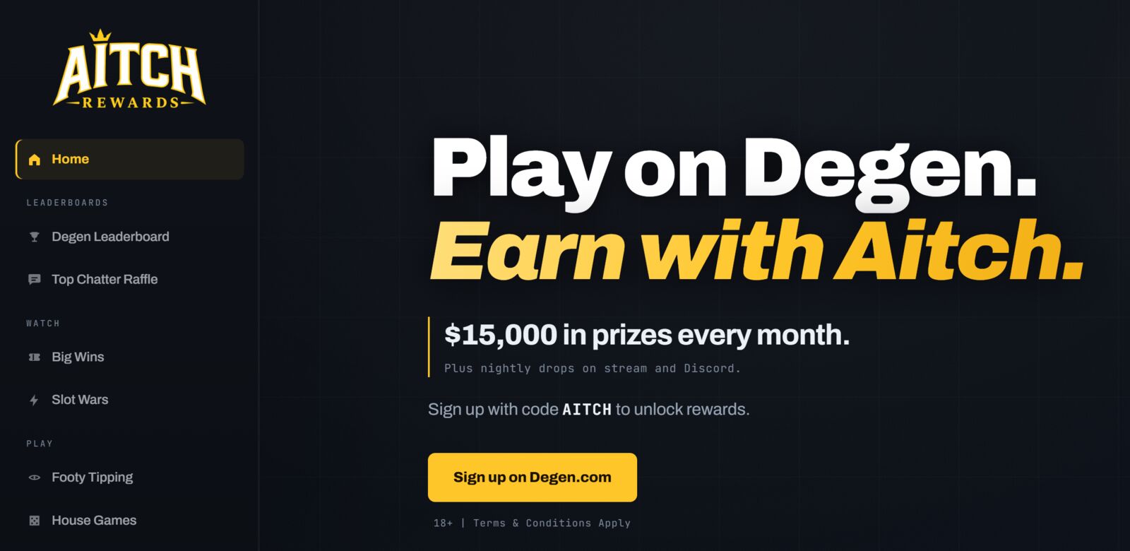 The Aitch Rewards website after the redesign, with a bold black and gold homepage and a single sign-up button