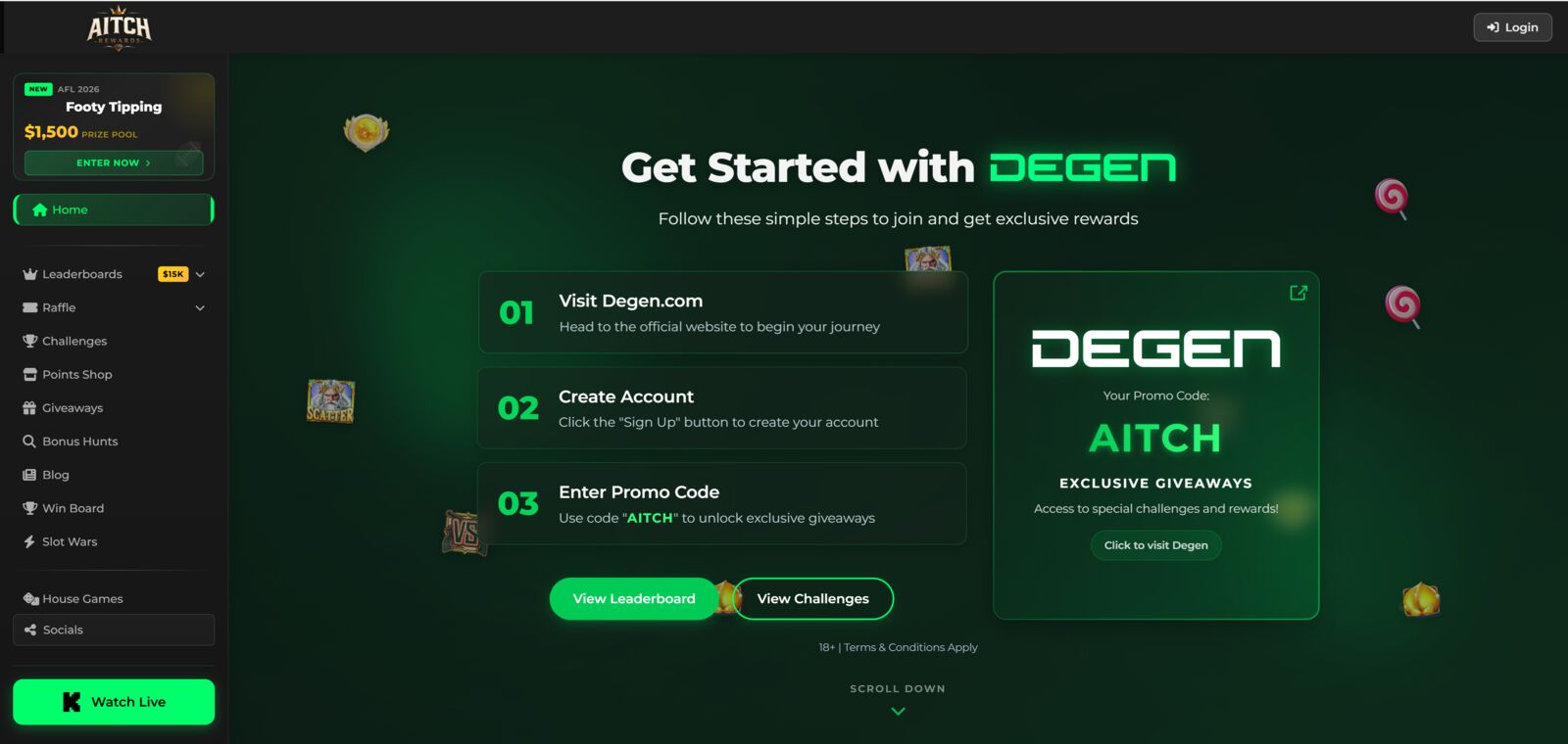 The Aitch Rewards website before the redesign, with a green theme and a three step sign-up guide